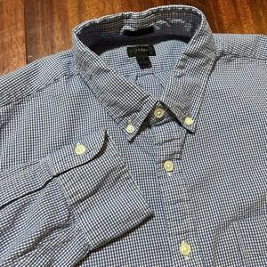 J Crew Shirt Men Large Blue White Seersucker Slim Button Down Gingham Casual
